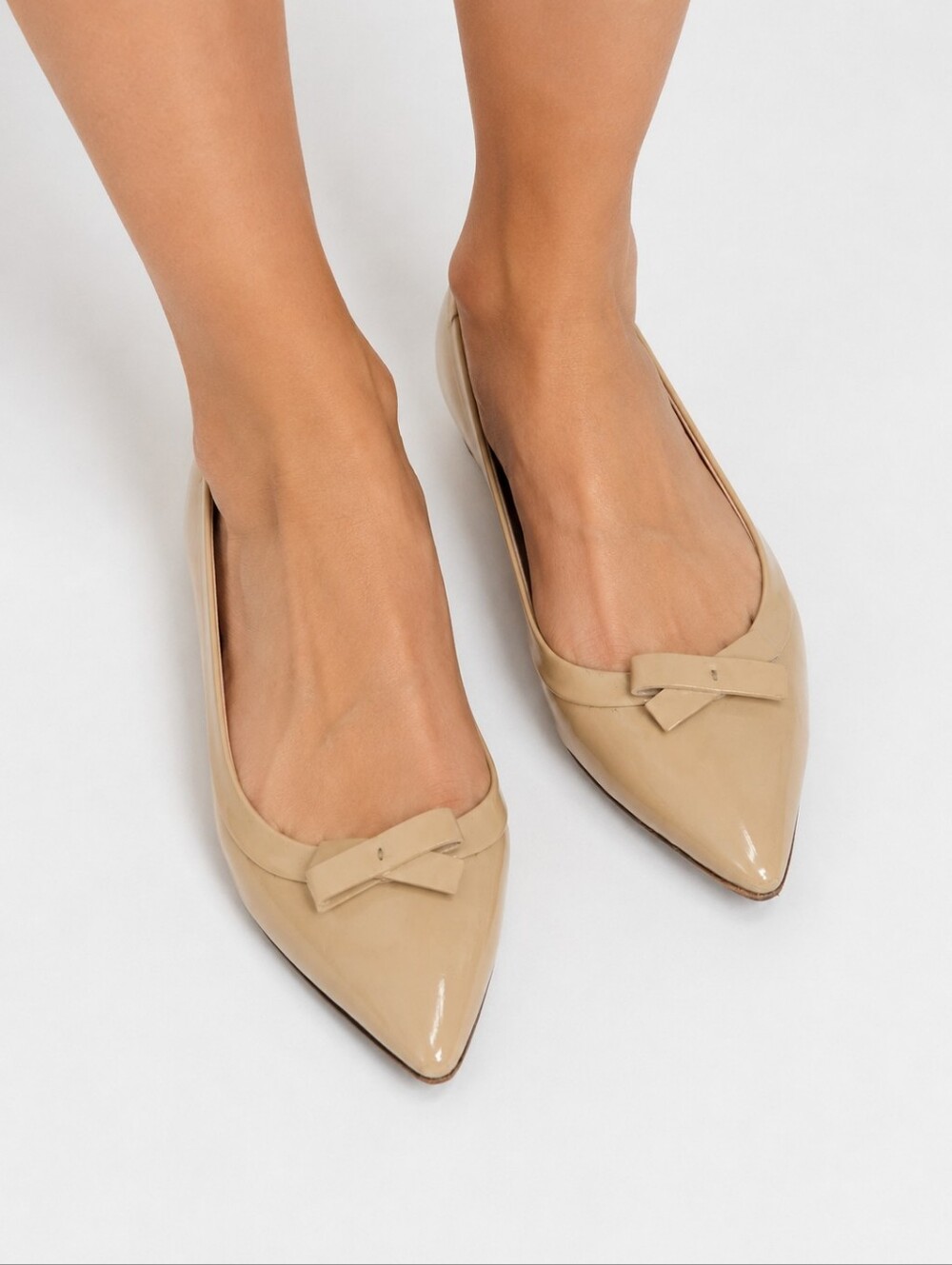 Prada Nude Patent Leather Bow Point Toe Ballet Flats Size 37